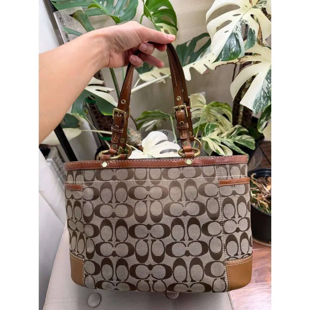 Coach Shoulder Bag Logo Pattern Leather Trim Gold Hardware Pockets